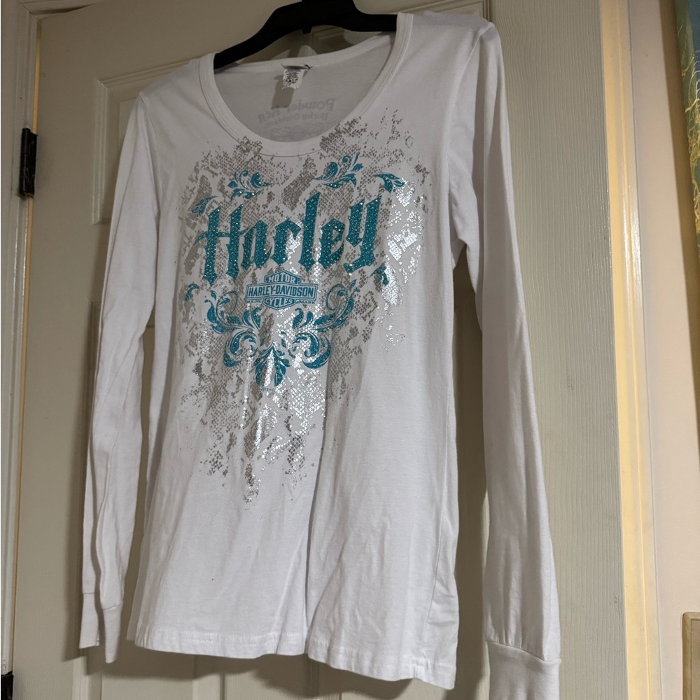 Harley-Davidson White and Blue Long Sleeve Tee